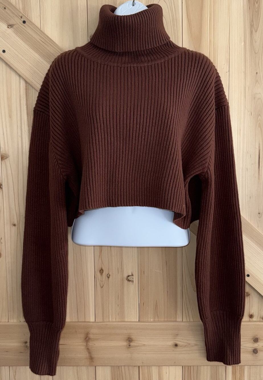 yllw Brown Crop Chunky Rib Turtleneck Puff Sleeve Comfy Cozy Fall Sweater Sz L